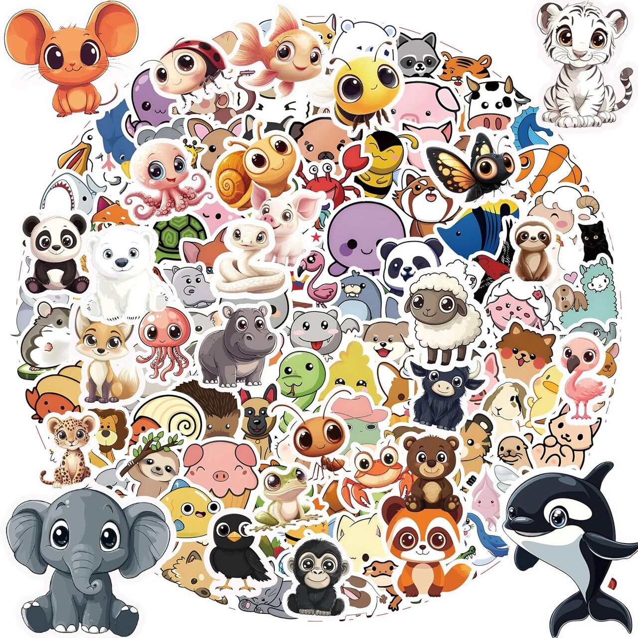 106PCS Non-Repeating Cute Animal Stickers Pack – Large Waterproof Vinyl Kawaii Animal Stickers for Water Bottles, Laptops, Classroom Rewards, Party Favors & DIY Crafts